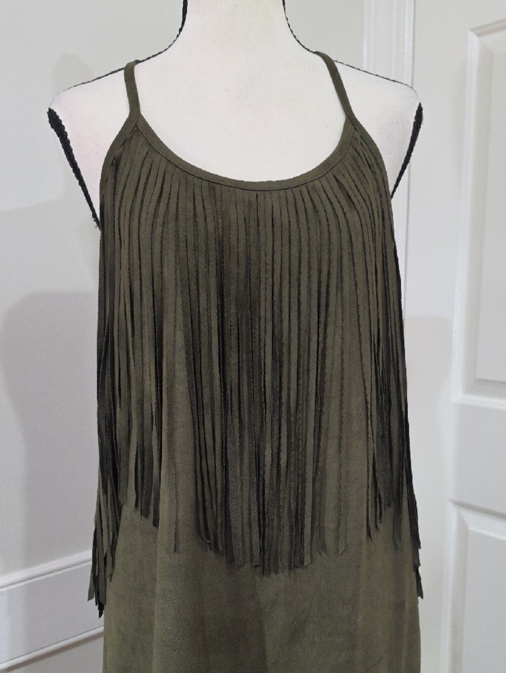 YA Los Angeles Olive Green Faux Suede Fringe Mini Dress - Size Small - Picture 7 of 13